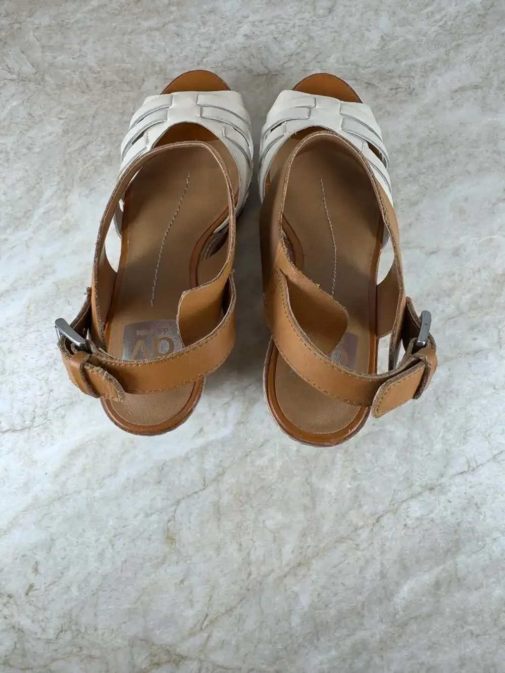 DV Dolce Vita Jaslyn Leather Cork Wedge Platform Sandals Tan White Womens 8.5